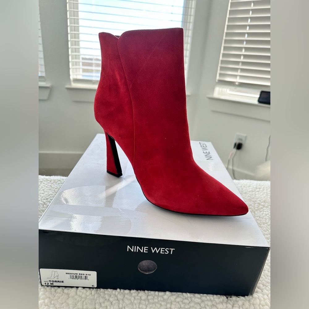 Brand new Nine West Torrie suede bootie. Size 12M color red. 3 inch heel.